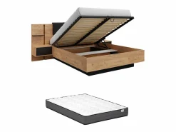Vente-unique Canapé abatible y mesitas de noche 160 x 200 cm natural y antracita con luces LEDs + colchón - ELYNIA