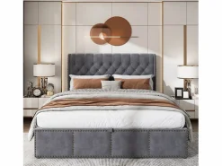 OKWISH Canapé acolchado con palanca hidráulica 180x200 cm terciopelo - Gris oscuro (sin colchón)
