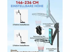 Canasta de baloncesto ajustable con soporte rodante, altura 146-236 cm, plástico, (175 x 71 x 270 cm)