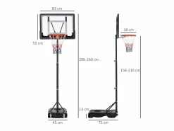 Hot Canasta de baloncesto para exterior de altura ajustable, estructura de acero, PVC, color , con ruedas (83 x 75 x 206-260 cm) Negro