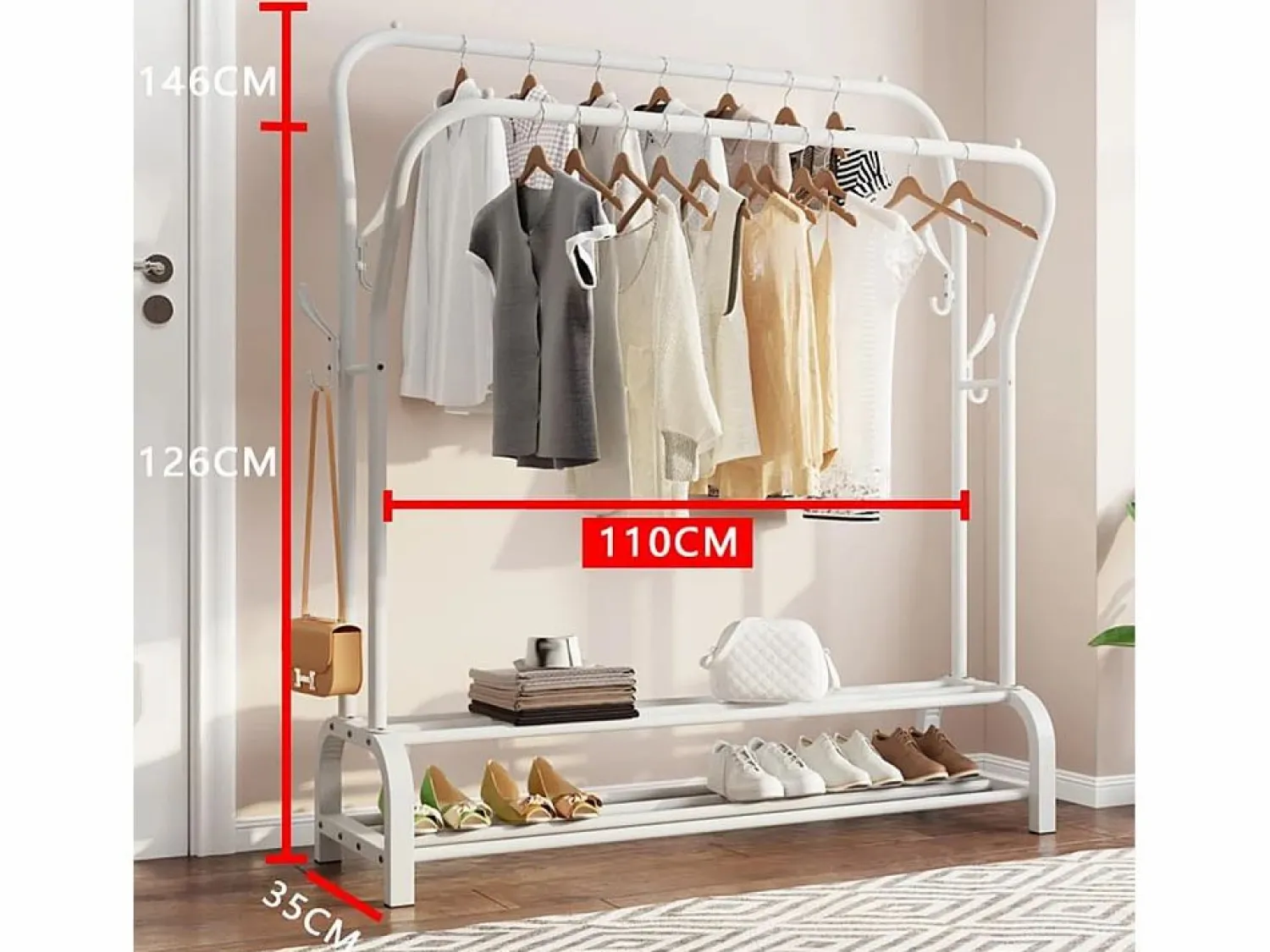 Outlet DripeX Capa doble de doble corporación con estante de zapato 4 ganchos, 110x35x146cm- Blanco