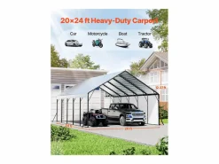 Outlet Carport SucceBuy, 5,8 x 7,45 m, Cochera Metálica Resistente, Refugio de Garaje Exterior con Estructura de Acero, para Camionetas, Barcos, Camiones y Tractores Plateado
