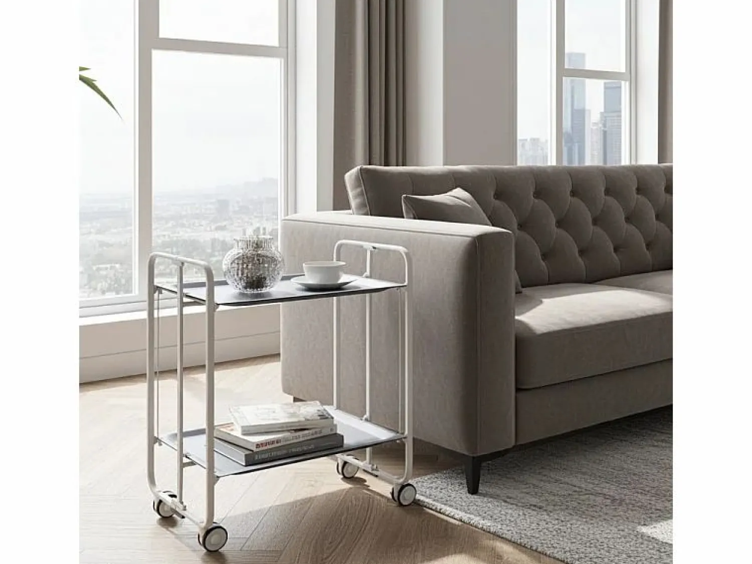 Don Hierro Carrito auxiliar plegable con ruedas - Estructura metálica blanca, 2 estantes laminados – 72*66*43 cm - BAUHAUS