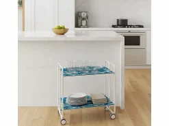 New Carrito auxiliar plegable con ruedas - Estructura metálica blanca, 2 estantes laminados Decorado Peces azules – 72*66*43 cm - BAUHAUS Mueble Camarera