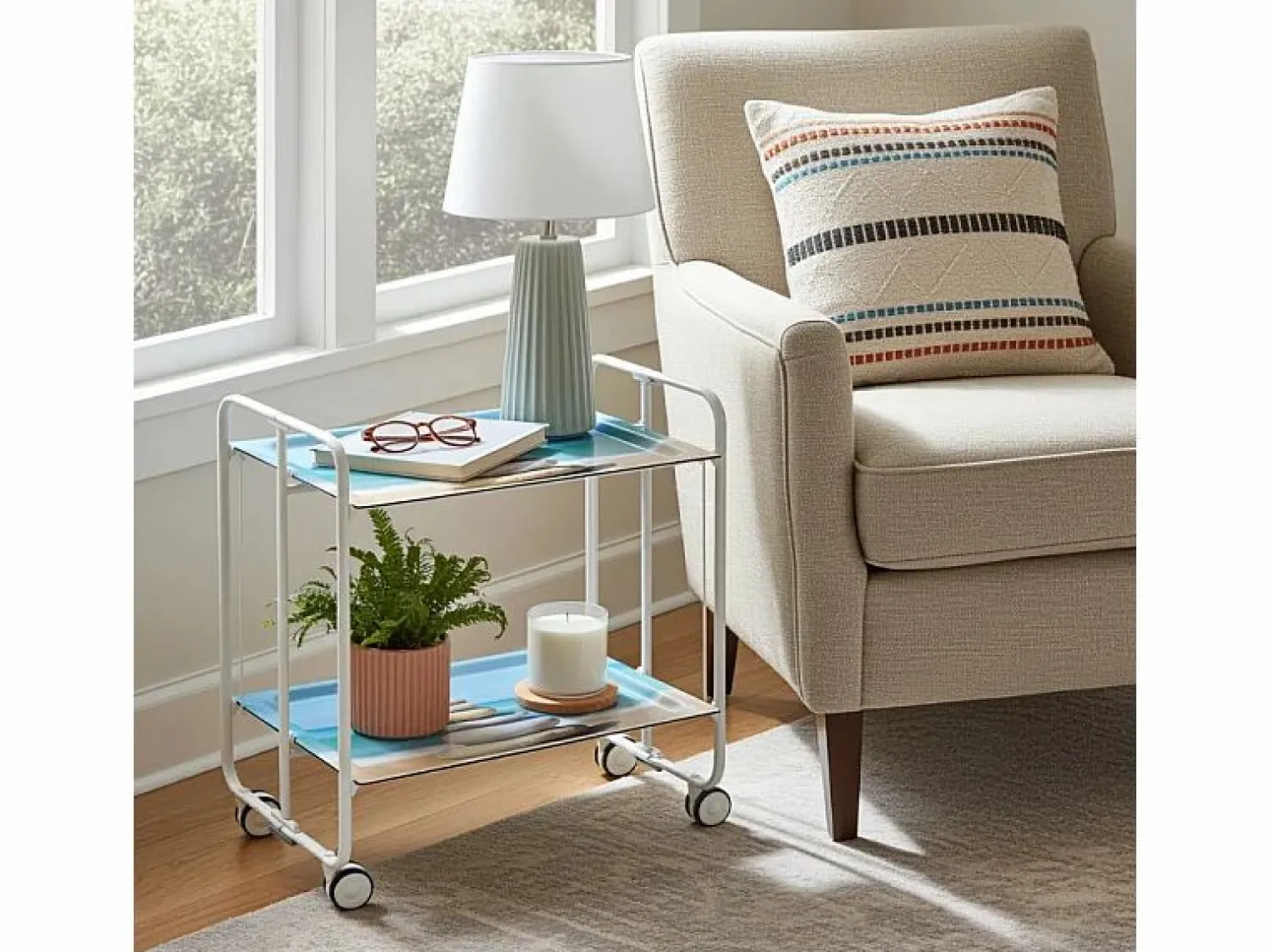 Don Hierro Carrito auxiliar plegable con ruedas - Estructura metálica blanca, 2 estantes laminados Decorado Playa – 72*66*43 cm - BAUHAUS