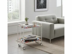 Outlet Carrito auxiliar plegable con ruedas - Estructura metálica blanca, 2 estantes laminados Decorado Círculos – 72*66*43 cm - BAUHAUS Mueble Camarera