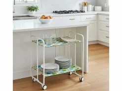 Carrito auxiliar plegable con ruedas - Estructura metálica blanca, 2 estantes laminados Decorado Peces verdes y azules – 72*66*43 cm - BAUHAUS Mueble Camarera