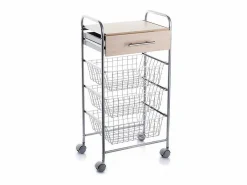 Clearance Carrito de cocina ALESIA – 3 cestas, 1 cajón y encimera color haya en acabado aluminio Mueble Camarera