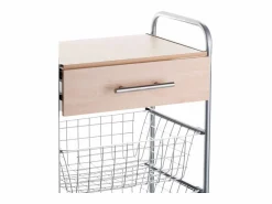 Clearance Carrito de cocina ALESIA – 3 cestas, 1 cajón y encimera color haya en acabado aluminio Mueble Camarera