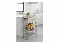 Clearance Carrito de cocina ALESIA – 3 cestas, 1 cajón y encimera color haya en acabado aluminio Mueble Camarera