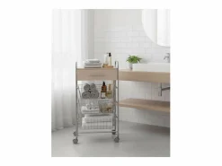 Clearance Carrito de cocina ALESIA – 3 cestas, 1 cajón y encimera color haya en acabado aluminio Mueble Camarera