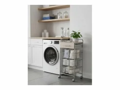 Clearance Carrito de cocina ALESIA – 3 cestas, 1 cajón y encimera color haya en acabado aluminio Mueble Camarera