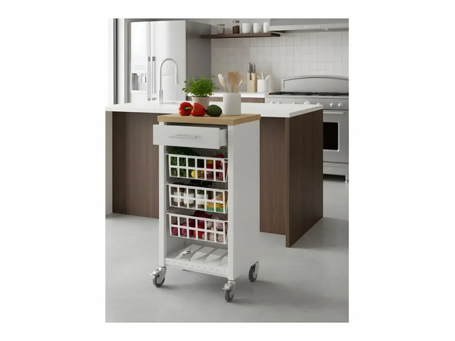 Best Carrito de cocina, carrito verdulero - color Blanco, Inox, Olmo - 93*48*34 cm - KARA Mueble Camarera
