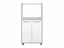 Discount Carrito de cocina compacto 60 cm mate 2 puertas + nicho con estante, espacio para microondas, patas de plástico, Made in France Blanco