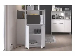 Discount Carrito de cocina compacto 60 cm mate 2 puertas + nicho con estante, espacio para microondas, patas de plástico, Made in France Blanco