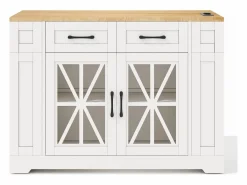 Clearance Hauss Spole Carrito de cocina con ruedas con 2 cajones, 2 puertas de cristal y toma de corriente y puerto USB, tapa extensible imitación madera, cuerpo Blanco
