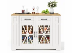 Clearance Hauss Spole Carrito de cocina con ruedas con 2 cajones, 2 puertas de cristal y toma de corriente y puerto USB, tapa extensible imitación madera, cuerpo Blanco