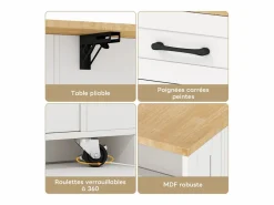 Clearance Hauss Spole Carrito de cocina con ruedas con 2 cajones, 2 puertas de cristal y toma de corriente y puerto USB, tapa extensible imitación madera, cuerpo Blanco