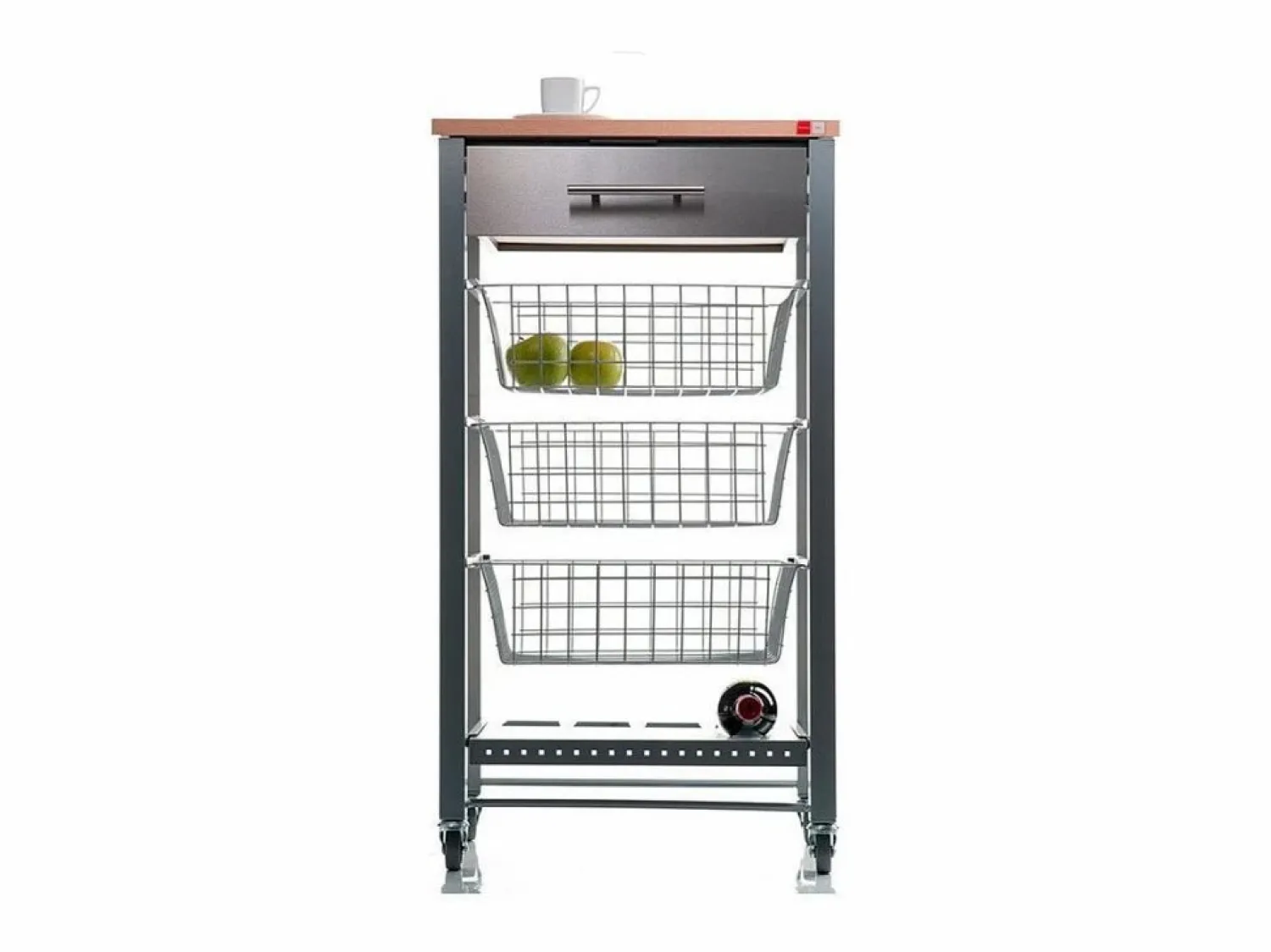 Don Hierro Carrito de cocina con ruedas APRIL – Mueble auxiliar elegante con cestas, cajón y botellero