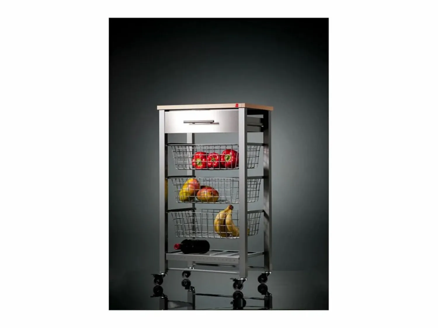 Don Hierro Carrito de cocina con ruedas APRIL – Mueble auxiliar elegante con cestas, cajón y botellero