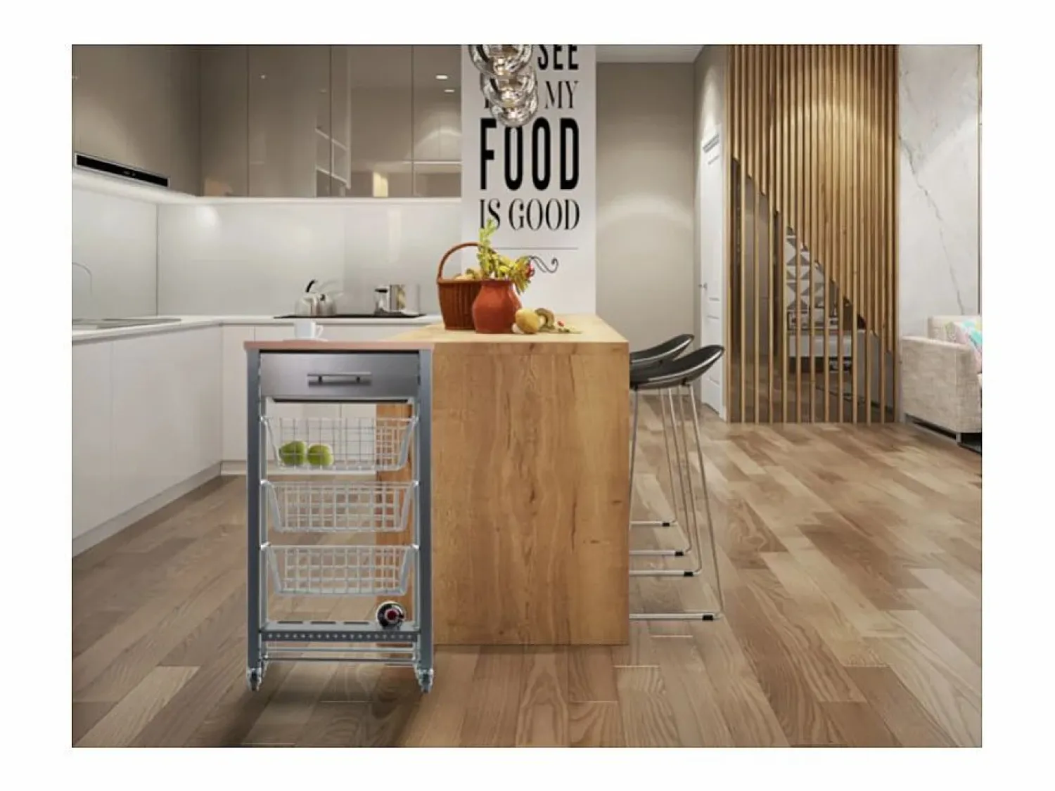Don Hierro Carrito de cocina con ruedas APRIL – Mueble auxiliar elegante con cestas, cajón y botellero