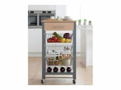 Discount Carrito de cocina Diana con 3 cestas extraíbles, cajón y botellero – mueble auxiliar con ruedas en color inox y haya Mueble Camarera