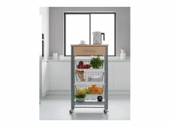 Discount Carrito de cocina Diana con 3 cestas extraíbles, cajón y botellero – mueble auxiliar con ruedas en color inox y haya Mueble Camarera