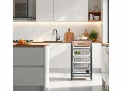 Discount Carrito de cocina Diana con 3 cestas extraíbles, cajón y botellero – mueble auxiliar con ruedas en color inox y haya Mueble Camarera