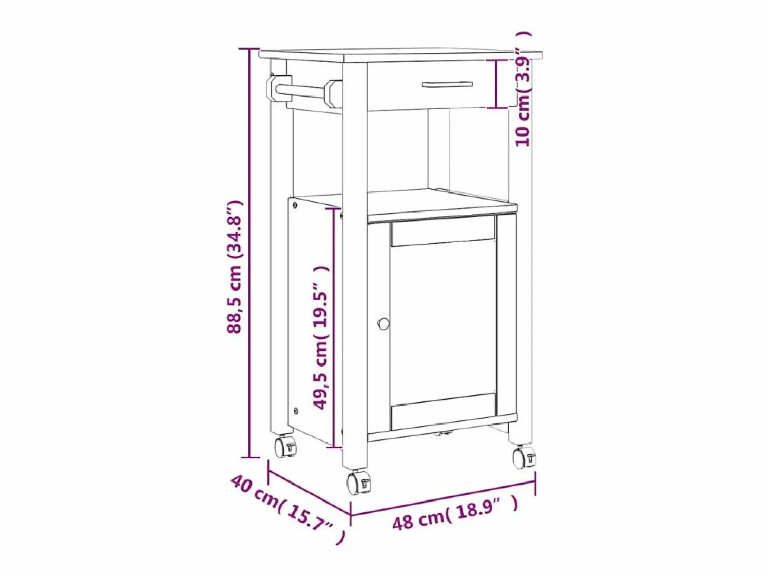 vidaxl Carrito de cocina MONZA madera maciza de pino 48x40x88,5 cm Blanco