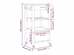 New Carrito de cocina MONZA madera maciza de pino 48x40x88,5 cm Mueble Camarera