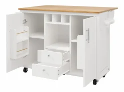 Sale OKWISH Carrito de cocina móvil con encimera plegable, espacio de almacenamiento y botellero - Blanco