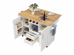 Sale OKWISH Carrito de cocina móvil con encimera plegable, espacio de almacenamiento y botellero - Blanco