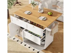 Hauss Spole Carrito de cocina móvil con tapa extensible chapada en imitación madera, 3 cajones y 3 puertas incluidas, - 133x70x88cm