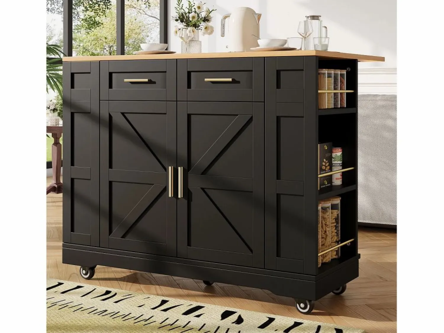 OKWISH Carrito de cocina móvil con 2 puertas y 2 cajones, isla con veta de madera, - para cocinas y salones