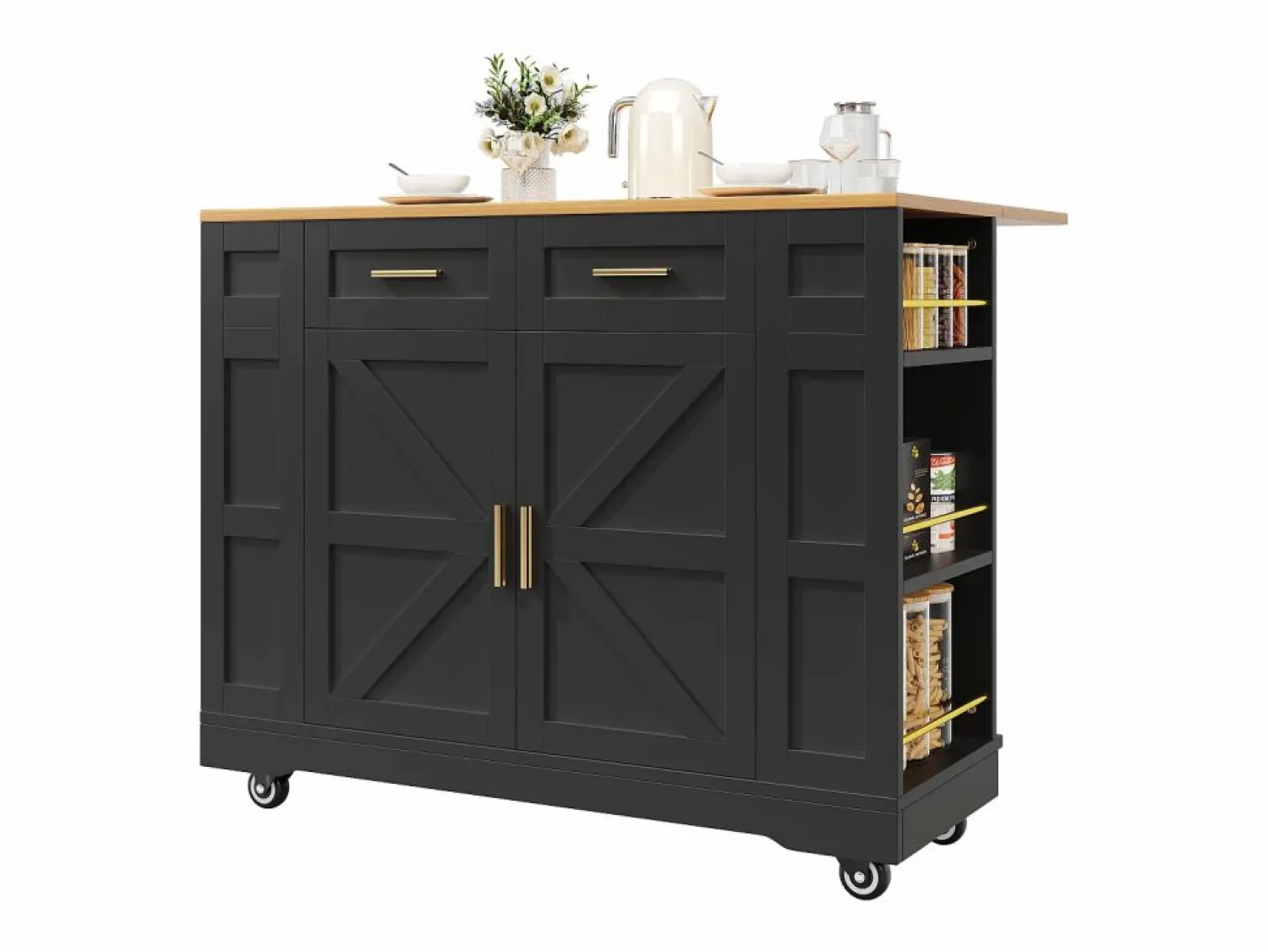OKWISH Carrito de cocina móvil con 2 puertas y 2 cajones, isla con veta de madera, - para cocinas y salones