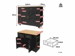 Online Hauss Spole Carrito de cocina móvil con tablero extensible chapado en imitación madera, 2 cajones, 2 puertas y estantes incluidos, - 120x65x90cm Negro