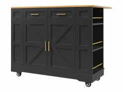 Online Hauss Spole Carrito de cocina móvil con tablero extensible chapado en imitación madera, 2 cajones, 2 puertas y estantes incluidos, - 120x65x90cm Negro