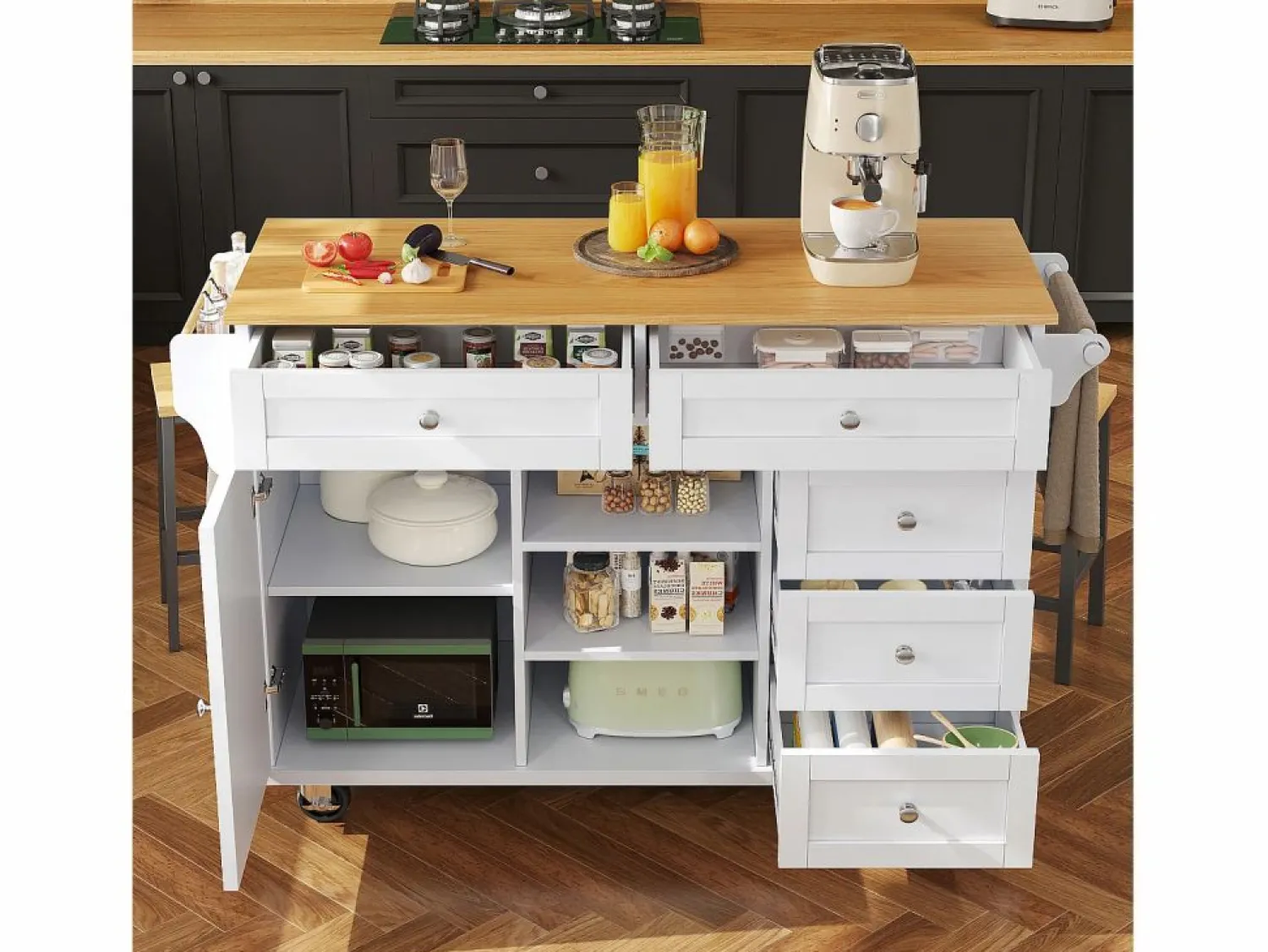 Discount Carrito de cocina móvil de madera con 1 puerta y 5 cajones, aparador con almacenaje 134x46x92 cm - Blanco