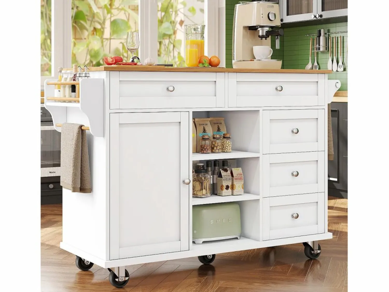 Discount Carrito de cocina móvil de madera con 1 puerta y 5 cajones, aparador con almacenaje 134x46x92 cm - Blanco