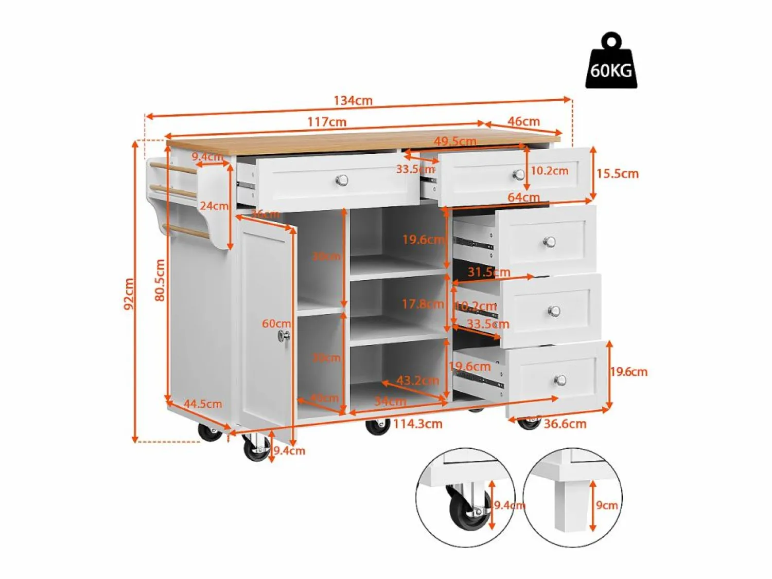 Discount Carrito de cocina móvil de madera con 1 puerta y 5 cajones, aparador con almacenaje 134x46x92 cm - Blanco
