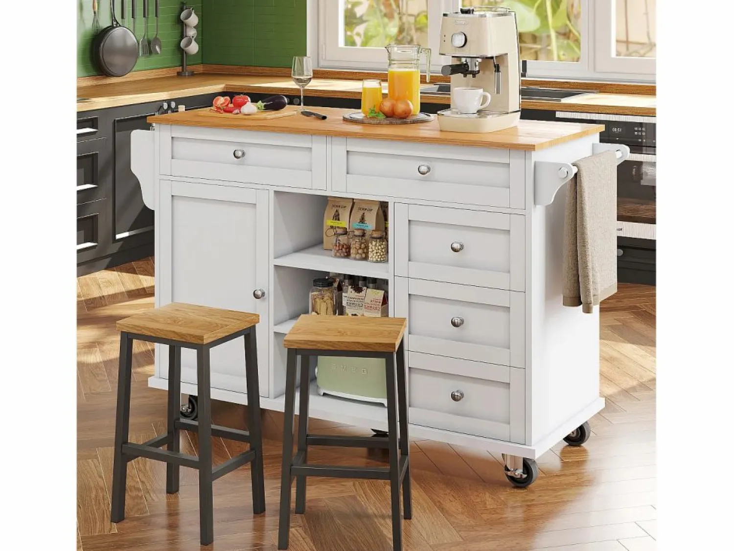 Discount Carrito de cocina móvil de madera con 1 puerta y 5 cajones, aparador con almacenaje 134x46x92 cm - Blanco