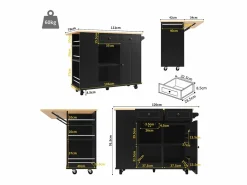 Carrito de cocina móvil con toallero - Isla de cocina con 2 cajones y 1 puerta - 5 compartimentos abiertos