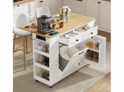 Clearance Carrito de cocina 100x40x91,5 con mesa de comedor extensible, papeleras y toallero en color para cocina y comedor Blanco
