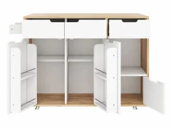 Carrito de cocina 120x46x85cm con ruedas giratorias 360°, cajones, puertas de armario y compartimentos abiertos en color para cocina y salón