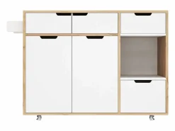 Carrito de cocina 120x46x85cm con ruedas giratorias 360°, cajones, puertas de armario y compartimentos abiertos en color para cocina y salón