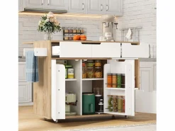 Carrito de cocina 120x46x85cm con ruedas giratorias 360°, cajones, puertas de armario y compartimentos abiertos en color para cocina y salón