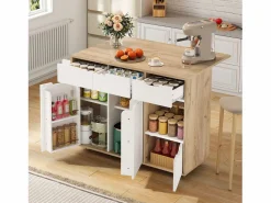 Carrito de cocina 120x46x85cm con ruedas giratorias 360°, cajones, puertas de armario y compartimentos abiertos en color para cocina y salón