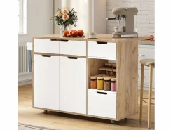 Carrito de cocina 120x46x85cm con ruedas giratorias 360°, cajones, puertas de armario y compartimentos abiertos en color para cocina y salón