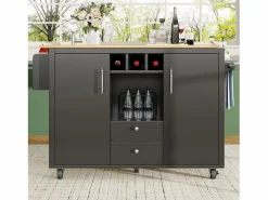 New Carrito de servicio - Carrito de servicio con 2 cajones y 2 puertas - Especiero y botellero - para comedor Negro