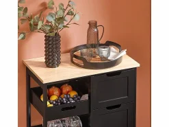 Outlet Sobuy Carro de Almacenamiento Mueble Auxiliar Cocina Carrito de Servir con 3 Cajones 2 Estantes y 1 Bandeja Extraíble FKW79-SCH ES Negro